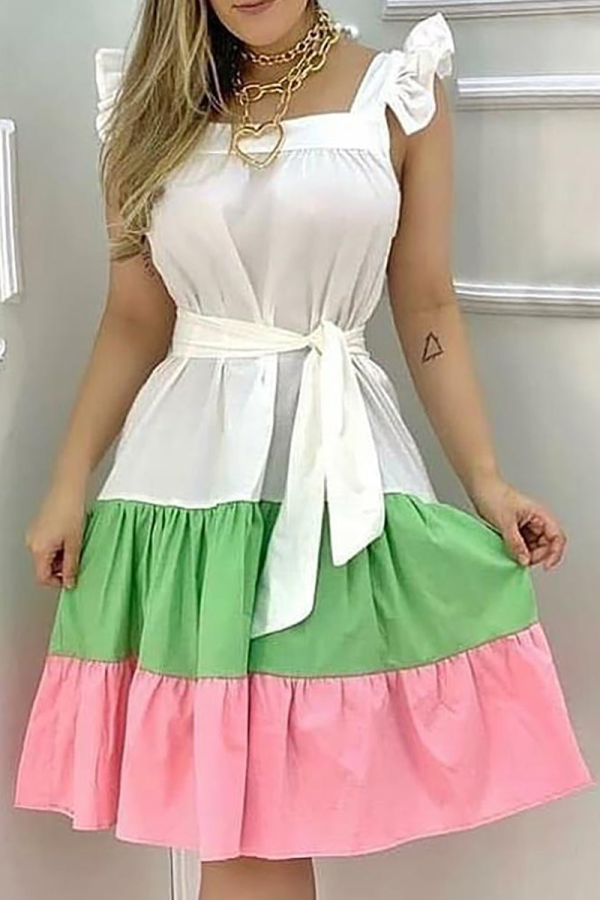 White Casual Solid Flounce Square Collar Cake Skirt Dresses