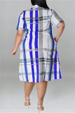 Blue Fashion Casual Plus Size Plaid Print Patchwork Turndown Collar Shirt Dress