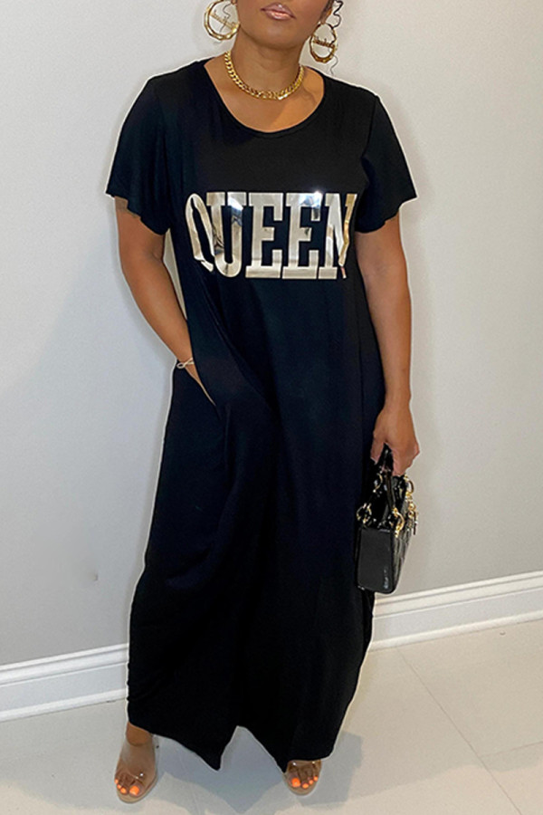 Black Silver Fashion Casual Letter Print Basic O Neck Short Sleeve Dress