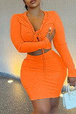 Orange Sexy Casual Solid Bandage V Neck Long Sleeve Two Pieces