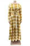 Yellow Fashion Casual Plaid Print Patchwork O Neck Plus Size Two Pieces
