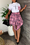 Pink Fashion Casual Print Patchwork Asymmetrical O Neck Short Sleeve Two Pieces