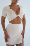 Light Apricot Fashion Sexy Solid Patchwork Slit V Neck Short Sleeve Three-piece Set