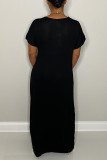 Black Fashion Casual Letter Print Basic O Neck Short Sleeve Dress