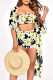 Black White Fashion Casual Print Patchwork Half Sleeve Three-piece Set