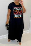 Black Fashion Casual Letter Print Basic O Neck Short Sleeve Dress