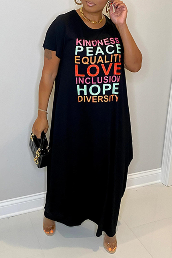 Black Fashion Casual Letter Print Basic O Neck Short Sleeve Dress