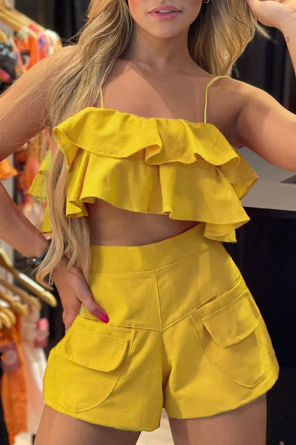 Yellow Sexy Casual Solid Patchwork Backless Spaghetti Strap Sleeveless Two Pieces