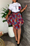 Pink Fashion Casual Print Patchwork Asymmetrical O Neck Short Sleeve Two Pieces