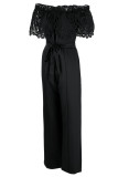 Turquoise Elegant Solid Hollowed Out Patchwork Off the Shoulder Straight Jumpsuits