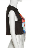 Black Fashion Casual Print Tassel Patchwork O Neck T-Shirts
