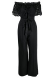 Turquoise Elegant Solid Hollowed Out Patchwork Off the Shoulder Straight Jumpsuits