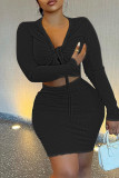 Orange Sexy Casual Solid Bandage V Neck Long Sleeve Two Pieces