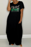 Black Fashion Casual Letter Print Basic O Neck Short Sleeve Dress