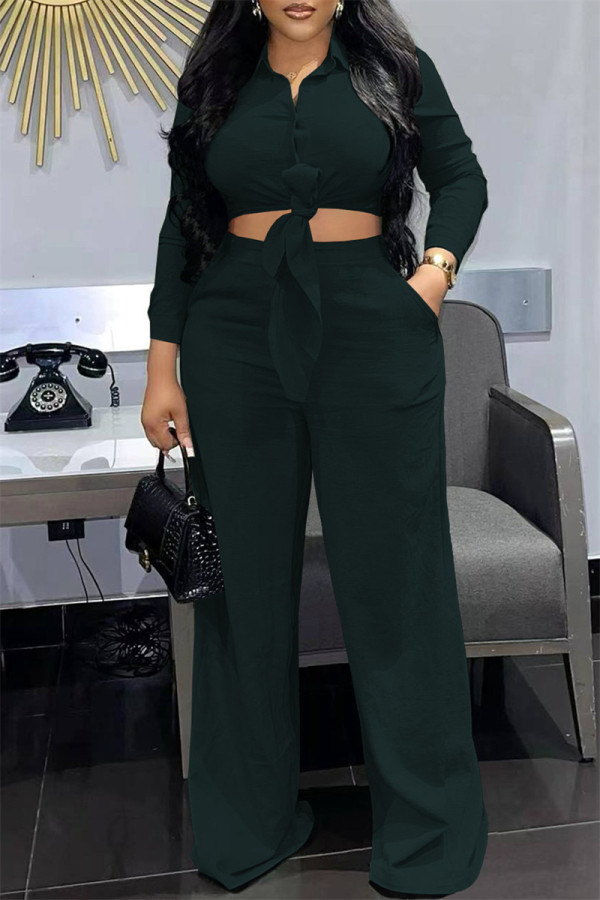 Ink Green Fashion Casual Solid Bandage Turndown Collar Long Sleeve Two Pieces