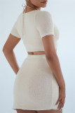 Light Apricot Fashion Sexy Solid Patchwork Slit V Neck Short Sleeve Three-piece Set