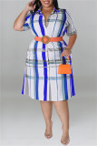 Blue Fashion Casual Plus Size Plaid Print Patchwork Turndown Collar Shirt Dress