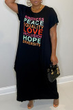 Black Fashion Casual Letter Print Basic O Neck Short Sleeve Dress