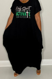 Black Fashion Casual Letter Print Basic O Neck Short Sleeve Dress