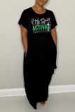 Black Fashion Casual Letter Print Basic O Neck Short Sleeve Dress