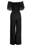 Turquoise Elegant Solid Hollowed Out Patchwork Off the Shoulder Straight Jumpsuits