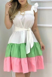 White Casual Solid Flounce Square Collar Cake Skirt Dresses