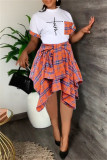 Pink Fashion Casual Print Patchwork Asymmetrical O Neck Short Sleeve Two Pieces