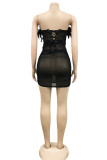 Yellow Fashion Sexy Patchwork See-through Feathers Backless Strapless Sleeveless Two Pieces