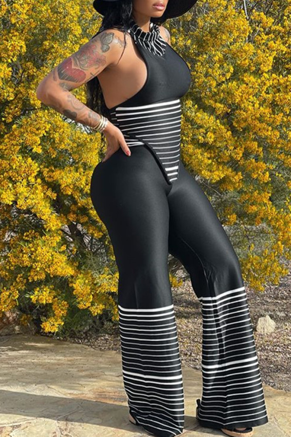 Black Fashion Casual Print Patchwork Backless Asymmetrical Halter Sleeveless Two Pieces