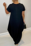 Black Fashion Casual Letter Print Basic O Neck Short Sleeve Dress