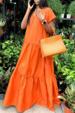 Orange Fashion Casual Solid Patchwork V Neck Short Sleeve Dress