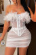 White Fashion Sexy Patchwork See-through Feathers Backless Strapless Sleeveless Two Pieces