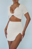 Light Apricot Fashion Sexy Solid Patchwork Slit V Neck Short Sleeve Three-piece Set
