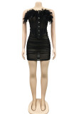 Yellow Fashion Sexy Patchwork See-through Feathers Backless Strapless Sleeveless Two Pieces