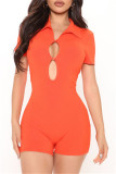 Orange Fashion Casual Solid Hollowed Out Turndown Collar Skinny Romper