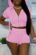 Pink Fashion Casual Solid Patchwork Hooded Collar Short Sleeve Two Pieces