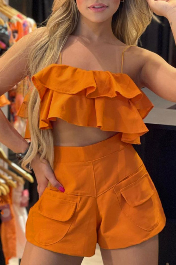 Orange Sexy Casual Solid Patchwork Backless Spaghetti Strap Sleeveless Two Pieces