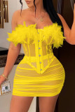 Yellow Fashion Sexy Patchwork See-through Feathers Backless Strapless Sleeveless Two Pieces
