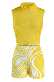 Yellow Sexy Print Patchwork Zipper Collar Sleeveless Two Pieces