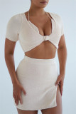 Light Apricot Fashion Sexy Solid Patchwork Slit V Neck Short Sleeve Three-piece Set