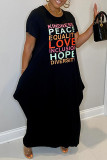 Black Fashion Casual Letter Print Basic O Neck Short Sleeve Dress