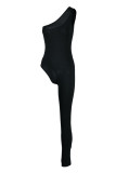 Blue Sexy Solid Patchwork Asymmetrical Oblique Collar Skinny Jumpsuits