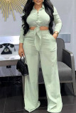 Cyan Fashion Casual Solid Bandage Turndown Collar Long Sleeve Two Pieces