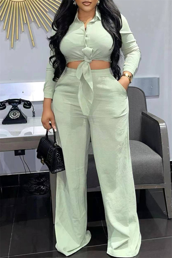 Cyan Fashion Casual Solid Bandage Turndown Collar Long Sleeve Two Pieces