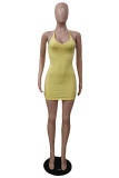 Gold Sexy Casual Solid Backless V Neck Sling Dress