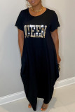 Black Fashion Casual Letter Print Basic O Neck Short Sleeve Dress