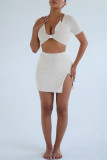 Light Apricot Fashion Sexy Solid Patchwork Slit V Neck Short Sleeve Three-piece Set