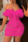 Yellow Fashion Sexy Patchwork See-through Feathers Backless Strapless Sleeveless Two Pieces