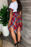 Pink Fashion Casual Print Patchwork Asymmetrical O Neck Short Sleeve Two Pieces