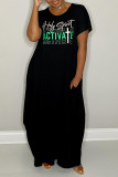 Black Fashion Casual Letter Print Basic O Neck Short Sleeve Dress